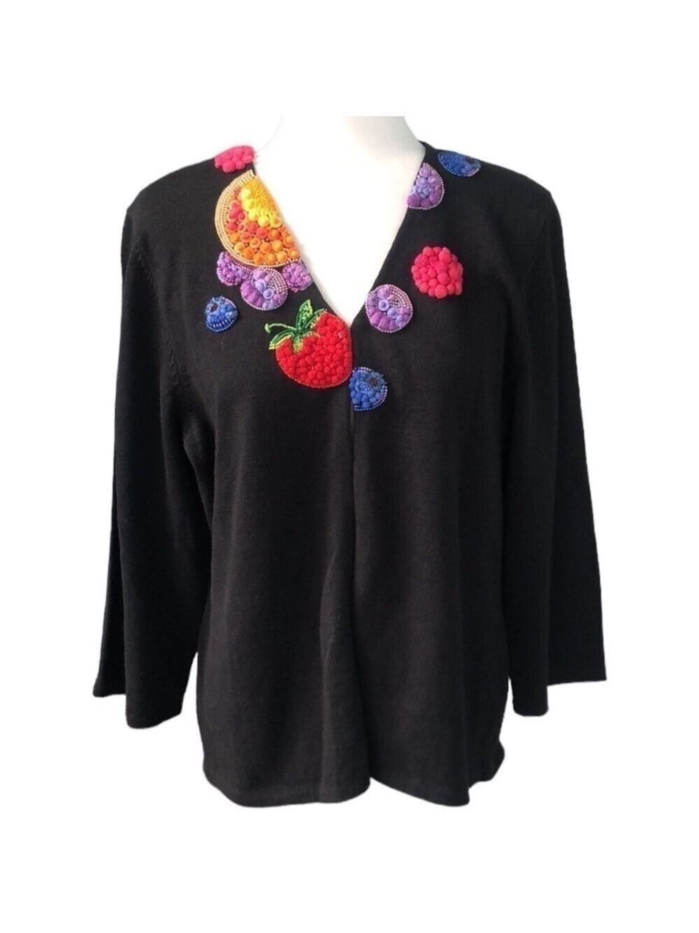 Emma Tricot Vintage Embroidered Beaded Fruit Black Cardigan Sweater XL NWT